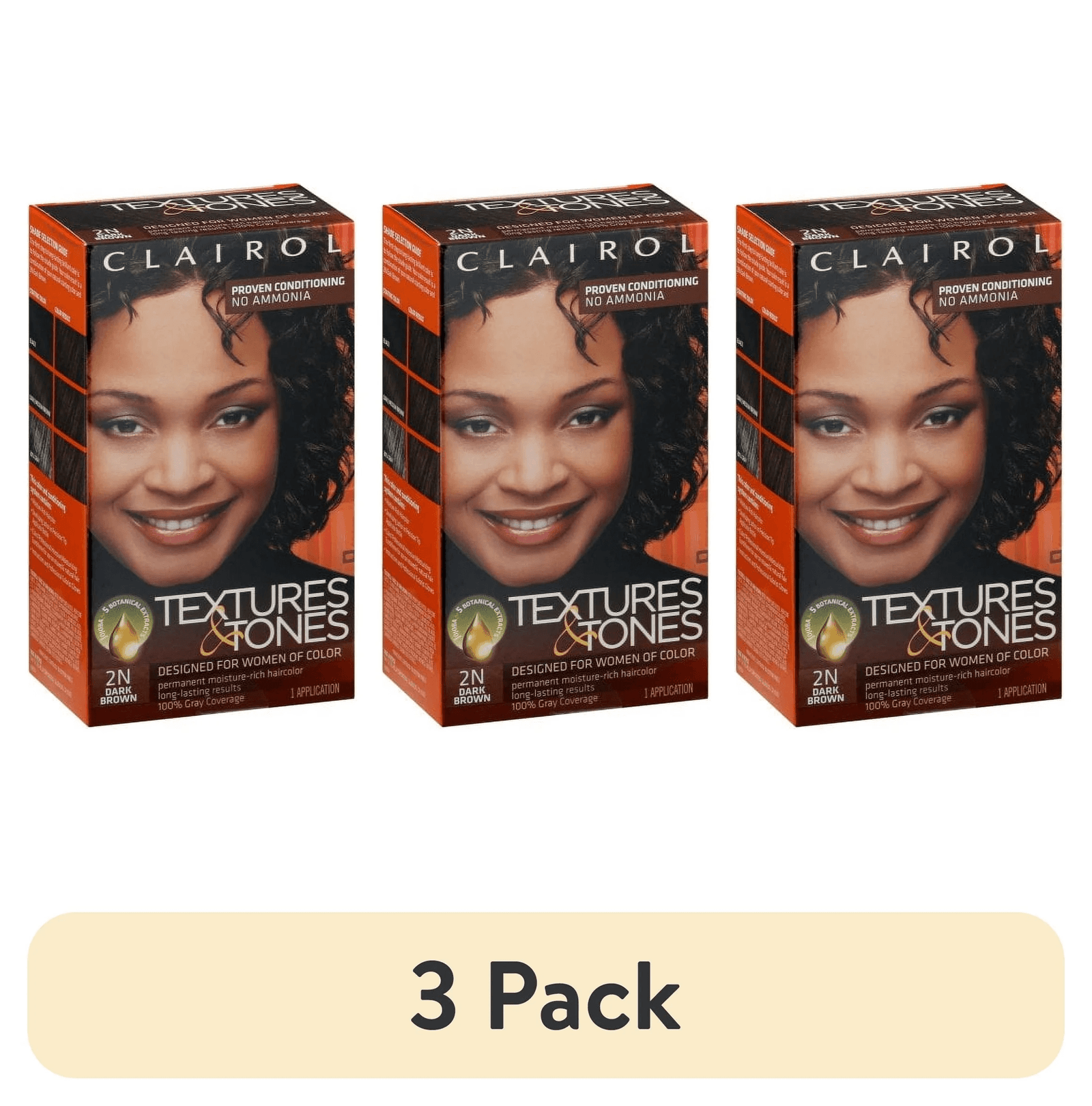 (3 Pack) Textures & Tones Hair Dye Ammonia-Free Permanent Hair Color Creme, 2N Dark Brown, 1 Application